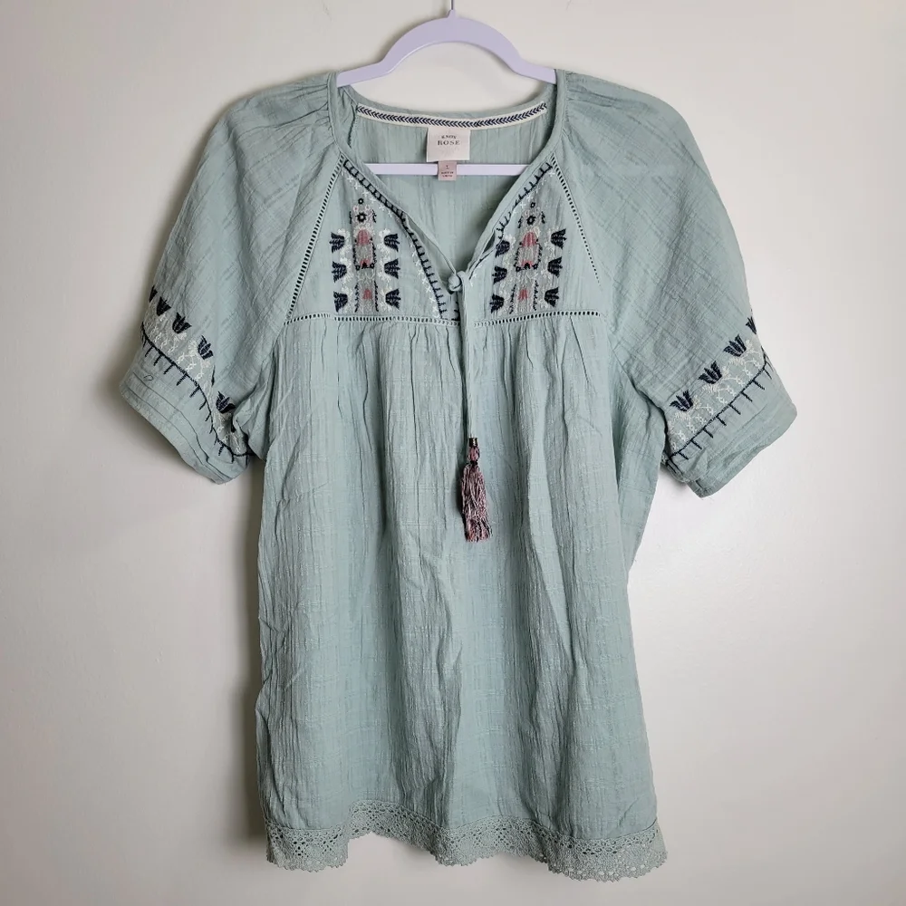KNOX ROSE Boho Embroidered Gauze Cotton Bobydoll Top L - Picture 1 of 10